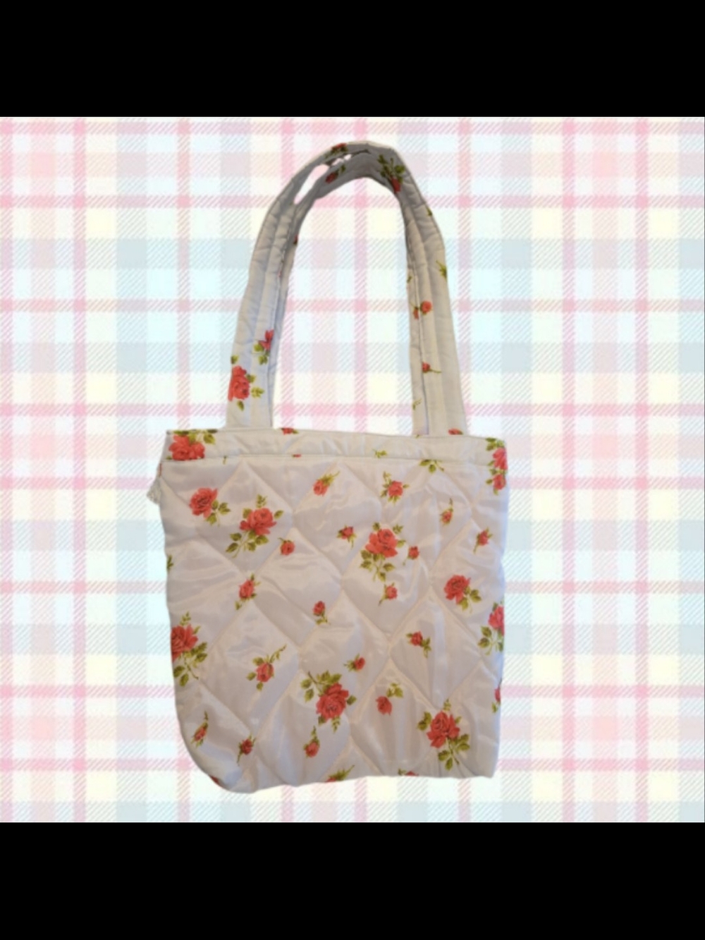 Handmade Quilted Floral Tote Bag in Cream with Pink Roses